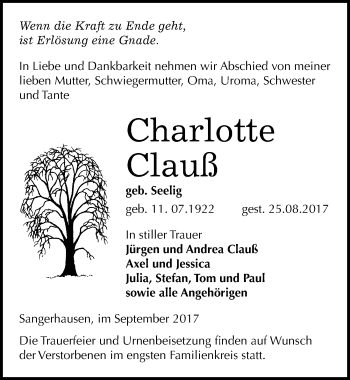 Traueranzeige von Charlotte Clauß von Mitteldeutsche Zeitung Sangerhausen