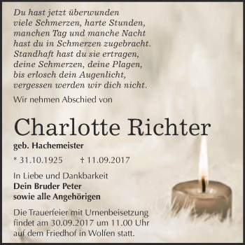 Traueranzeige von Charlotte Richter von WVG - Wochenspiegel Bitterfeld