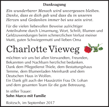 Traueranzeige von Charlotte Vieweg von Mitteldeutsche Zeitung Bitterfeld