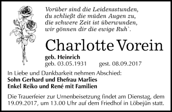 Traueranzeige von Charlotte Vorein von Mitteldeutsche Zeitung Halle/Saalkreis
