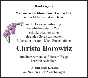 Traueranzeige von Christa Borowitz von WVG - Wochenspiegel Bitterfeld