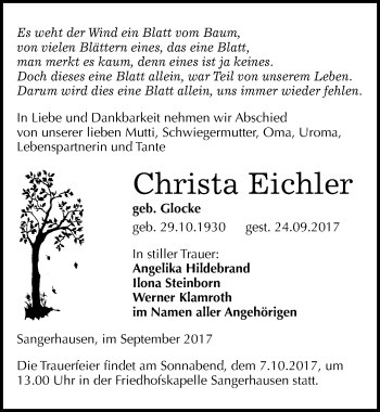 Traueranzeige von Christa Eichler von Mitteldeutsche Zeitung Sangerhausen