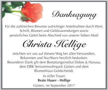 Traueranzeige von Christa Hellige von Super Sonntag Bernburg