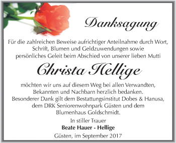 Traueranzeige von Christa Hellige von Mitteldeutsche Zeitung Bernburg