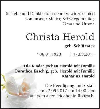 Traueranzeige von Christa Herold von Mitteldeutsche Zeitung Bitterfeld
