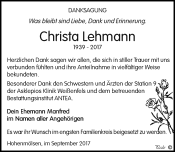 Traueranzeige von Christa Lehmann von Mitteldeutsche Zeitung Weißenfels
