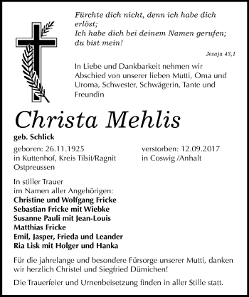 Traueranzeige von Christa Mehlis von Mitteldeutsche Zeitung Wittenberg