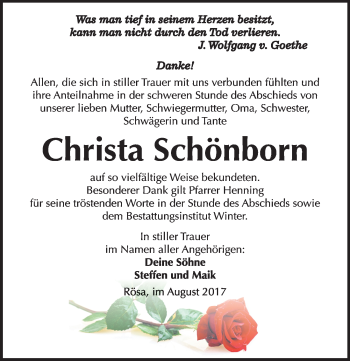 Traueranzeige von Christa Schönborn von Mitteldeutsche Zeitung Bitterfeld