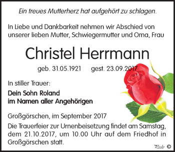 Traueranzeige von Christel Herrmann von Mitteldeutsche Zeitung Weißenfels