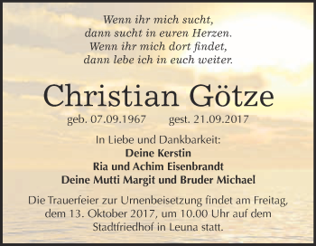 Traueranzeige von Christian Götze von WVG - Wochenspiegel Merseburg