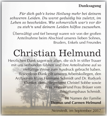 Traueranzeige von Christian Helmund von Mitteldeutsche Zeitung Quedlinburg