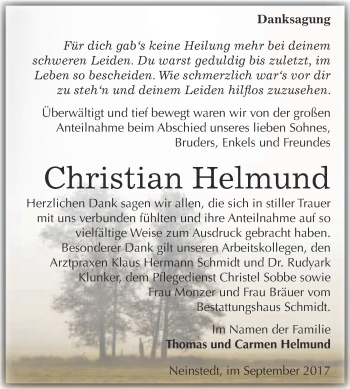 Traueranzeige von Christian Helmund von WVG - Wochenspiegel Quedlinburg
