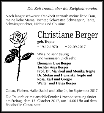 Traueranzeige von Christiane Berger von Mitteldeutsche Zeitung