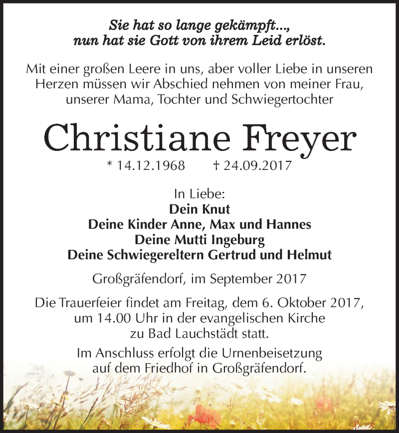  Traueranzeige für Christiane Freyer vom 30.09.2017 aus Mitteldeutsche Zeitung Merseburg/Querfurt