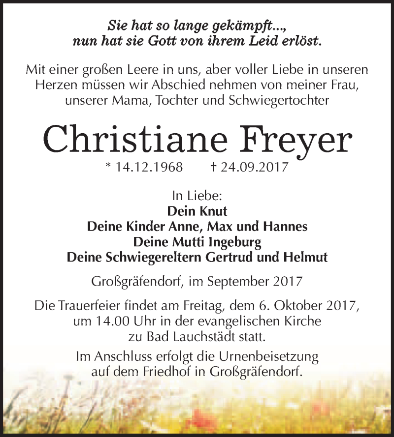  Traueranzeige für Christiane Freyer vom 30.09.2017 aus WVG - Wochenspiegel Merseburg