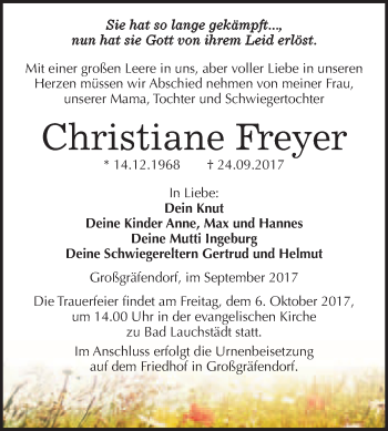 Traueranzeige von Christiane Freyer von WVG - Wochenspiegel Merseburg