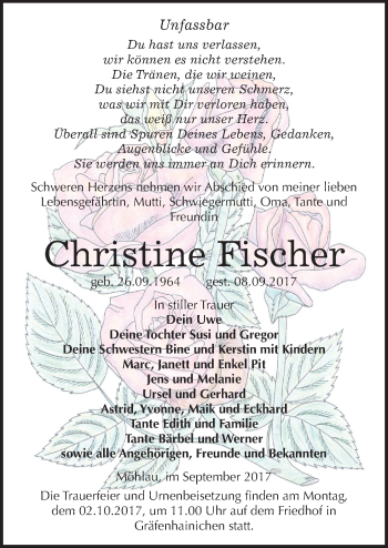 Traueranzeige von Christine Fischer von Mitteldeutsche Zeitung Bitterfeld