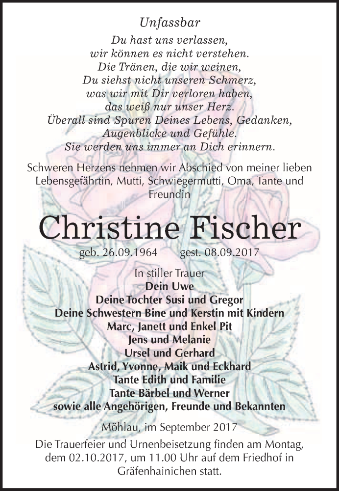  Traueranzeige für Christine Fischer vom 23.09.2017 aus WVG - Wochenspiegel Wittenberg
