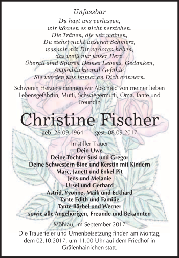 Traueranzeige von Christine Fischer von WVG - Wochenspiegel Bitterfeld