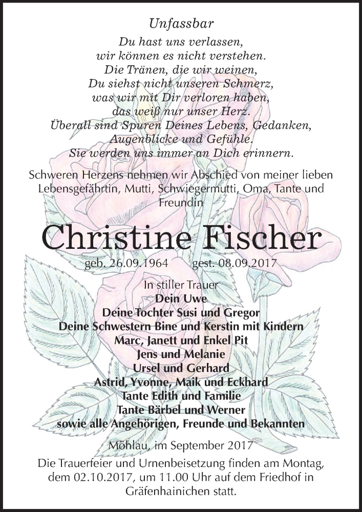  Traueranzeige für Christine Fischer vom 23.09.2017 aus Mitteldeutsche Zeitung Bitterfeld