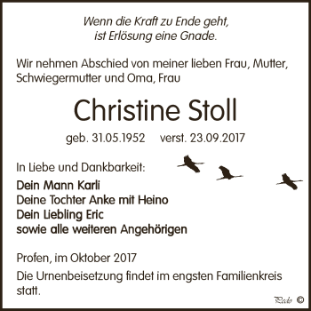 Traueranzeige von Christine Stoll von Super Sonntag Zeitz