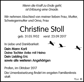 Traueranzeige von Christine Stoll von Mitteldeutsche Zeitung Zeitz