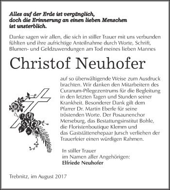 Traueranzeige von Christof Neuhofer von Super Sonntag Merseburg