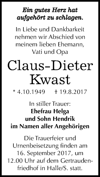 Traueranzeige von Claus-Dieter Kwast von Mitteldeutsche Zeitung Halle/Saalkreis