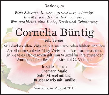 Traueranzeige von Cornelia Büntig von Mitteldeutsche Zeitung Merseburg/Querfurt
