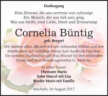 Traueranzeige von Cornelia Büntig von WVG - Wochenspiegel Merseburg
