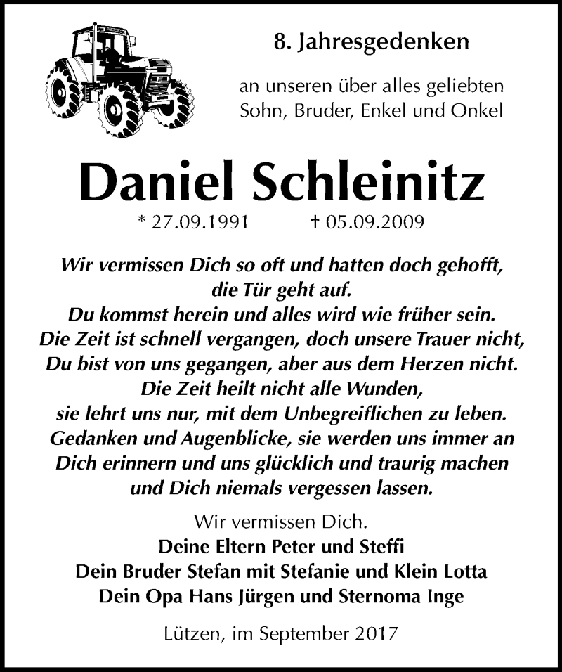  Traueranzeige für Daniel Schleinitz vom 05.09.2017 aus Mitteldeutsche Zeitung Weißenfels