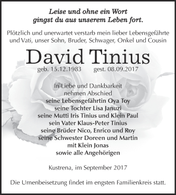 Traueranzeige von David Tinius von Super Sonntag Bernburg