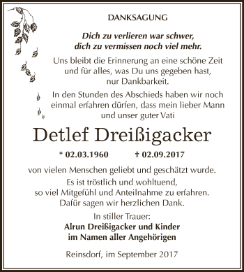 Traueranzeige von Detlef Dreißigacker von WVG - Wochenspiegel NMB / WSF / ZTZ