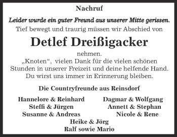 Traueranzeige von Detlef Dreißigacker von WVG - Wochenspiegel NMB / WSF / ZTZ