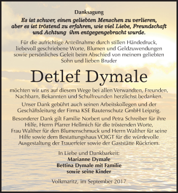 Traueranzeige von Detlef Dymale von Mitteldeutsche Zeitung Mansfelder Land