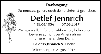 Traueranzeige von Detlef Jennrich von Mitteldeutsche Zeitung Wittenberg