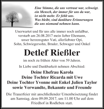 Traueranzeige von Detlef Rießler von WVG - Wochenspiegel Dessau / Köthen