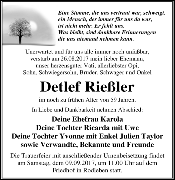 Traueranzeige von Detlef Rießler von Mitteldeutsche Zeitung Dessau-Roßlau
