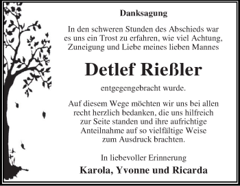 Traueranzeige von Detlef Rießler von WVG - Wochenspiegel Dessau / Köthen