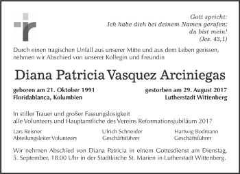 Traueranzeige von Diana Patricia Vasquez Arciniegas Arciniegas von Super Sonntag Wittenberg
