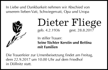 Traueranzeige von Dieter Fliege von Mitteldeutsche Zeitung Merseburg/Querfurt