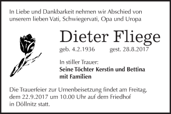 Traueranzeige von Dieter Fliege von WVG - Wochenspiegel Merseburg