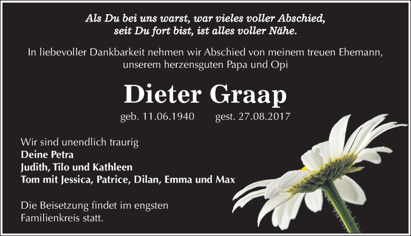  Traueranzeige für Dieter Graap vom 09.09.2017 aus Mitteldeutsche Zeitung Wittenberg