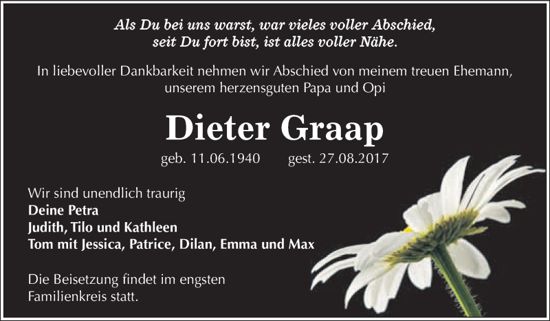  Traueranzeige für Dieter Graap vom 09.09.2017 aus WVG - Wochenspiegel Wittenberg