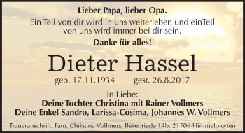 Traueranzeige von Dieter Hassel von Mitteldeutsche Zeitung Köthen