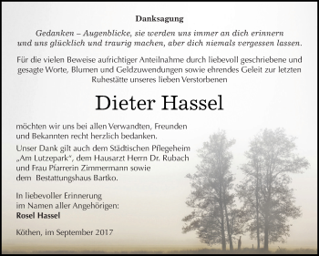Traueranzeige von Dieter Hassel von WVG - Wochenspiegel Dessau / Köthen