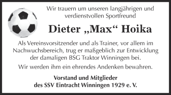 Traueranzeige von Dieter Hoika von Super Sonntag Aschersleben
