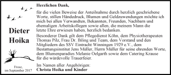 Traueranzeige von Dieter Hoika von Super Sonntag Aschersleben