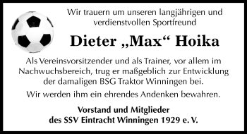 Traueranzeige von Dieter Hoika von Mitteldeutsche Zeitung Aschersleben