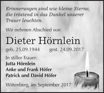 Traueranzeige von Dieter Hörnlein von WVG - Wochenspiegel Wittenberg